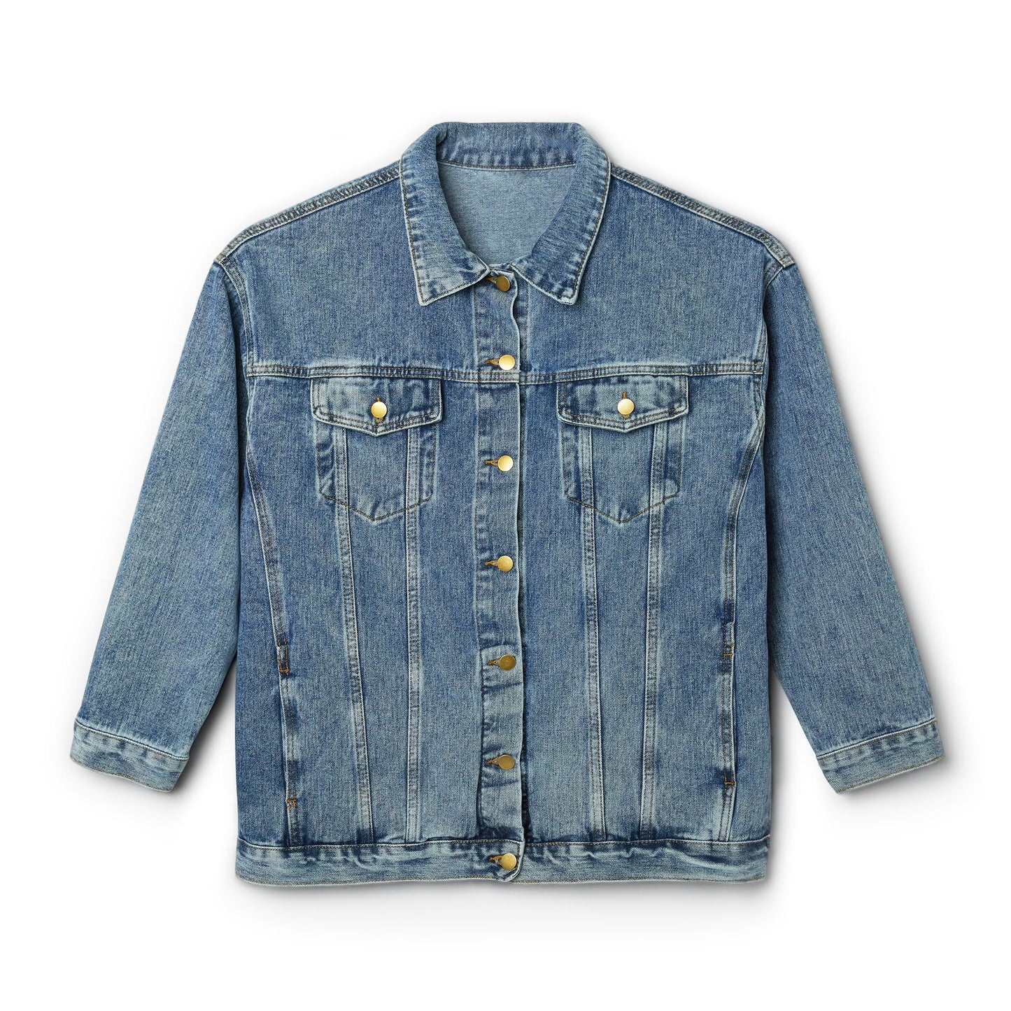 Women's Denim Jacket with Colorful Quilt Patch — 'Quilt Math: 2+2=Buy More Fabric' Back Graphic